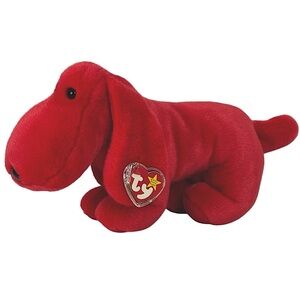 TY 1998 14” Red Rover the First Non Breed Dog With All His Tags & Tag Protector